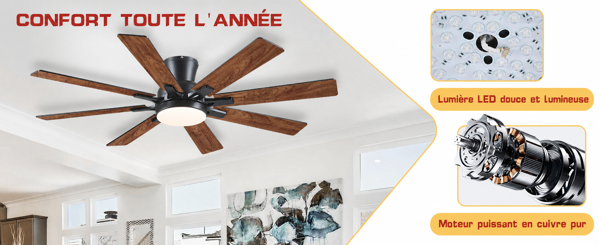 Kviflon ventilateur de plafond encastré marron 132 cm, LED, 8 pales — visuel produit en français