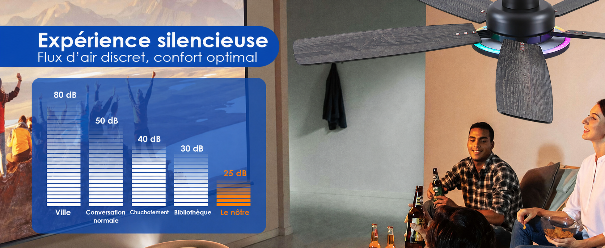 Kviflon ventilateur de plafond encastré noir 132 cm, LED RGB — visuel produit en français
