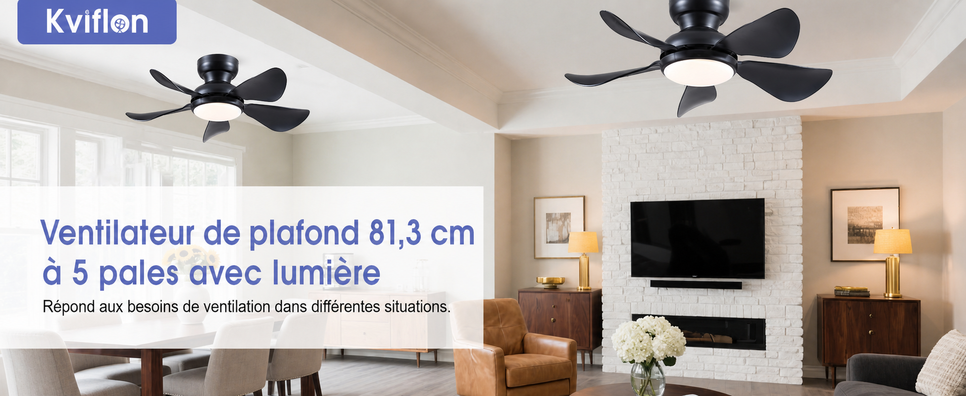 Kviflon ventilateur de plafond LED noir 81 cm, moteur DC, compact — visuel produit en français