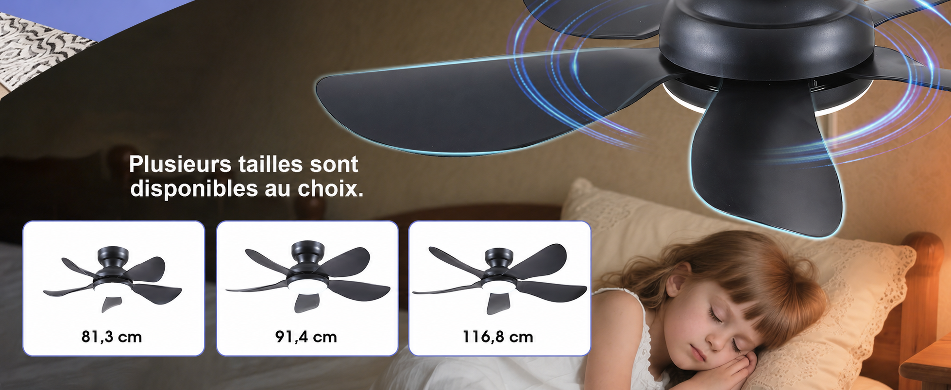 Kviflon ventilateur de plafond LED noir 91 cm, 6 vitesses, 3 CCT — visuel produit en français