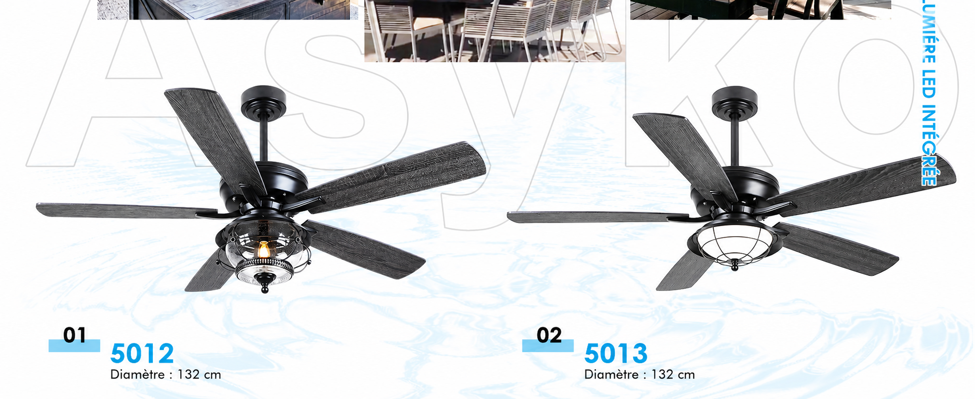 Kviflon ventilateur de plafond extérieur LED 132 cm, IP44 — visuel produit en français