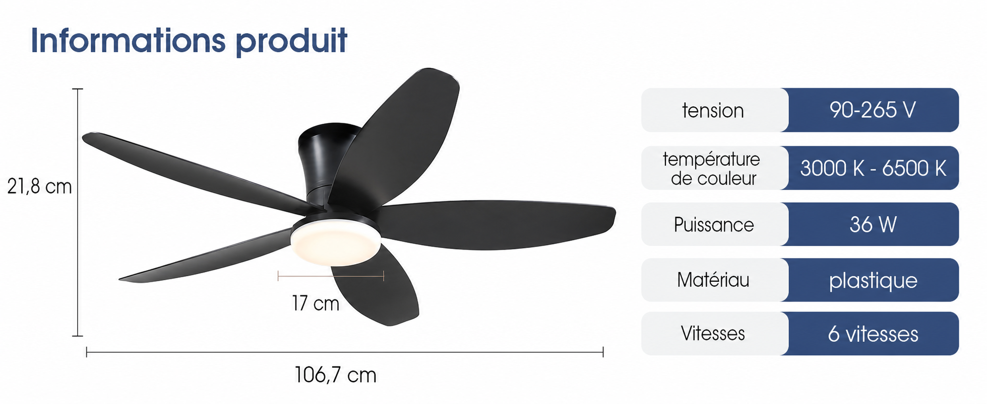 Kviflon ventilateur de plafond LED noir 107 cm, moteur DC, 6 vitesses — visuel produit en français