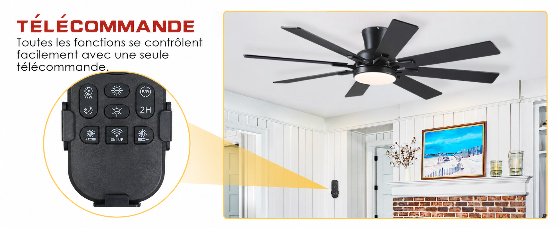Kviflon ventilateur de plafond encastré noir 132 cm, LED, 8 pales — visuel produit en français