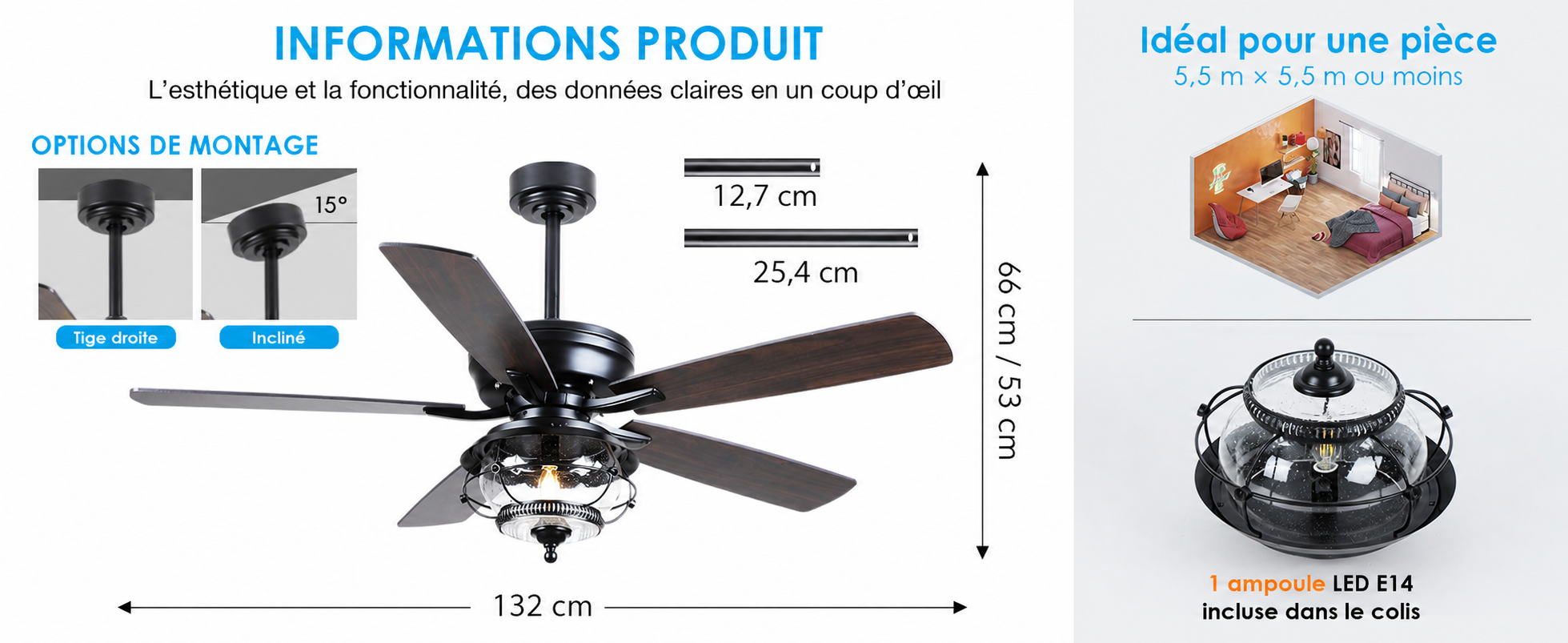 Kviflon ventilateur de plafond extérieur LED 132 cm, IP44 — visuel produit en français