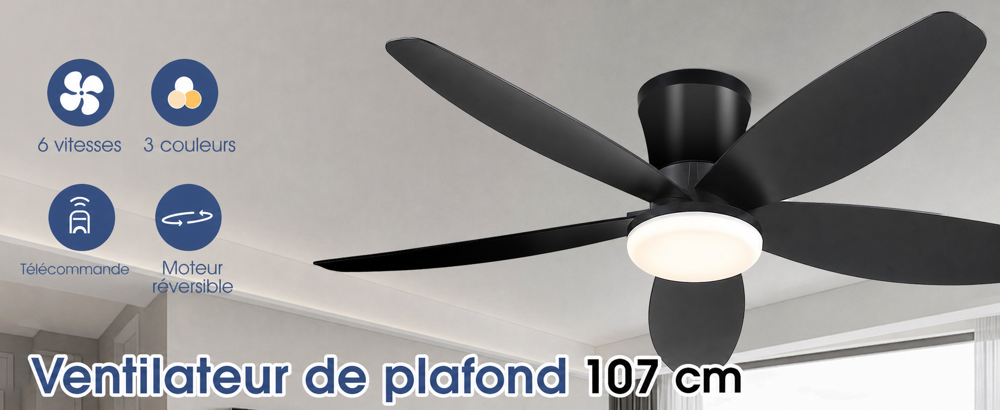 Kviflon ventilateur de plafond LED noir 107 cm, moteur DC, 6 vitesses — visuel produit en français