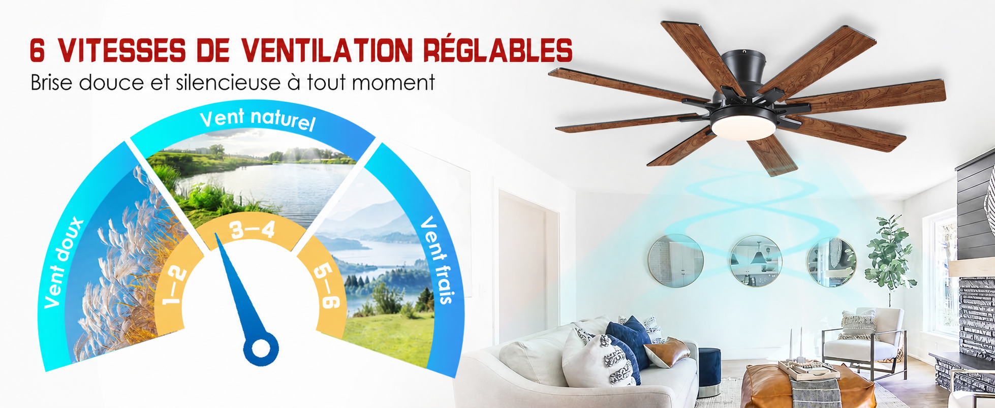 Kviflon ventilateur de plafond encastré marron 132 cm, LED, 8 pales — visuel produit en français
