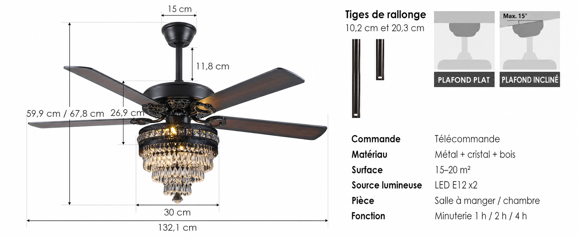 Kviflon ventilateur de plafond cristal noir 132 cm, télécommande — visuel produit en français