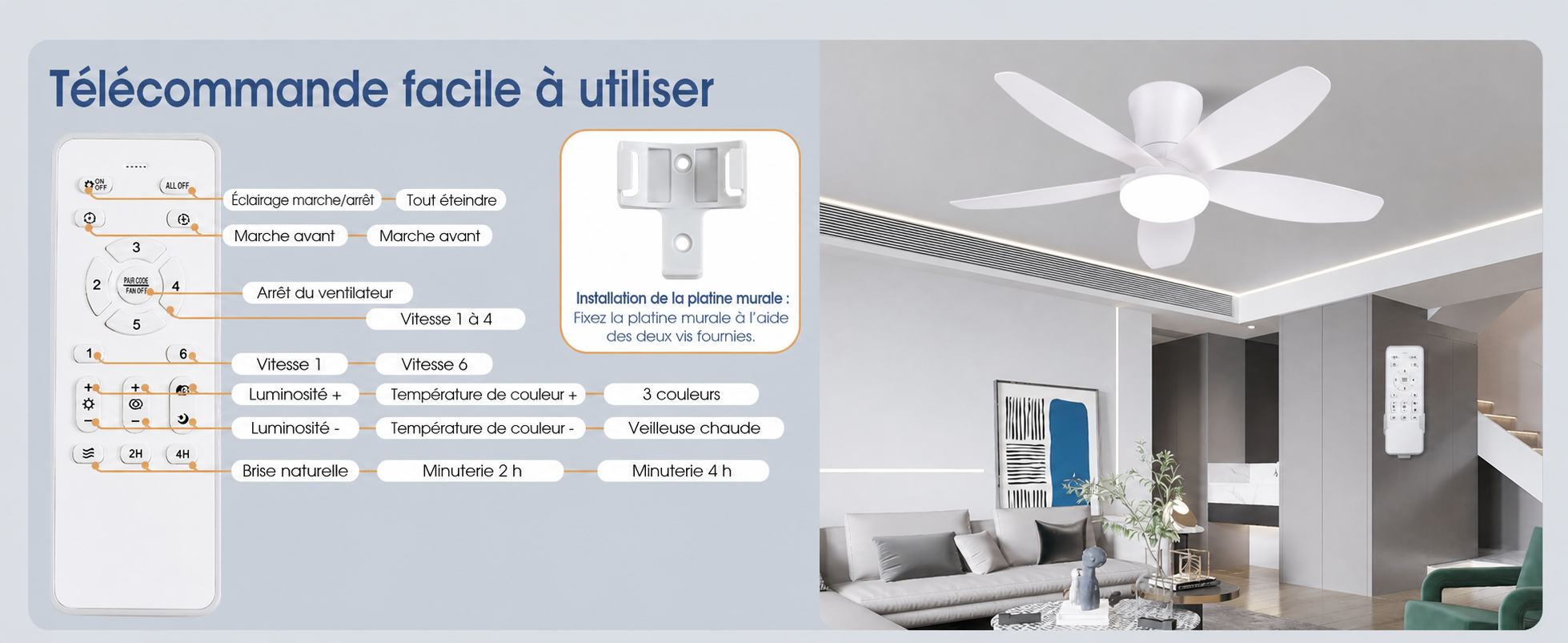 Kviflon ventilateur de plafond LED blanc 122 cm, moteur DC silencieux — visuel produit en français