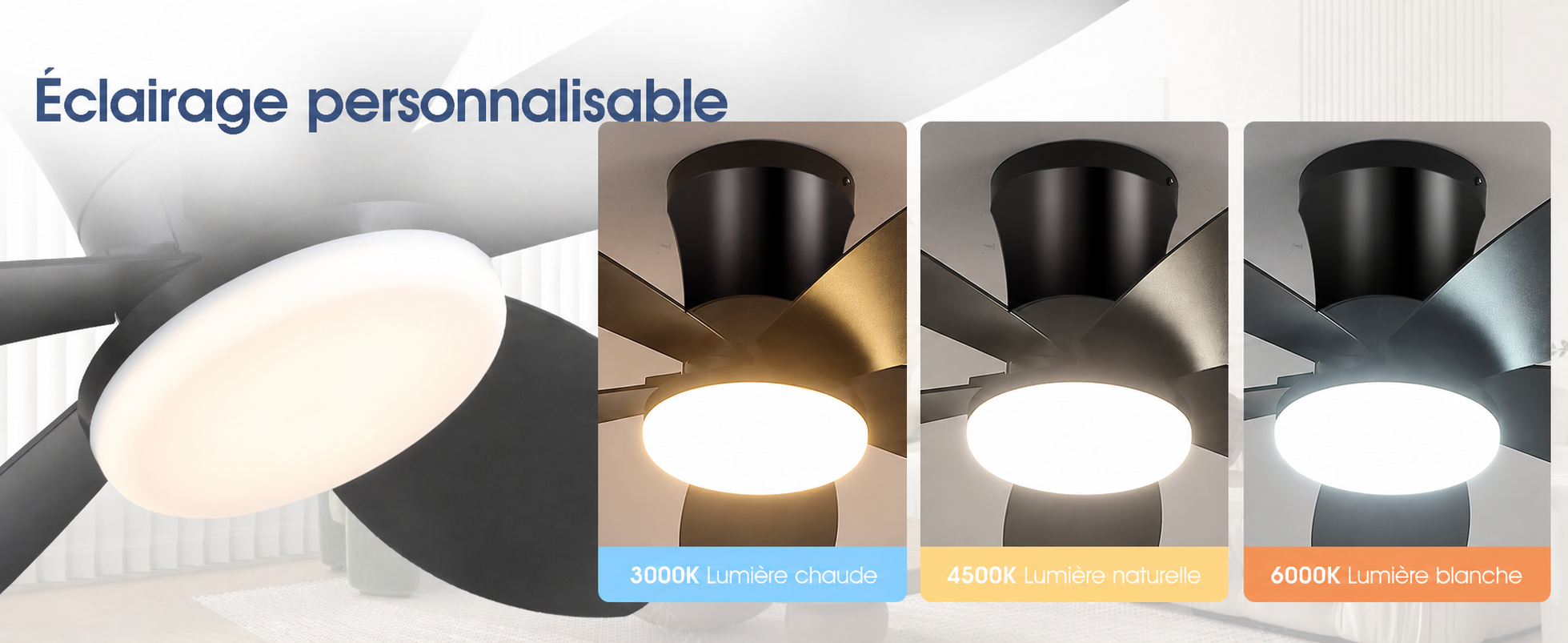 Kviflon ventilateur de plafond LED noir 107 cm, moteur DC, 6 vitesses — visuel produit en français