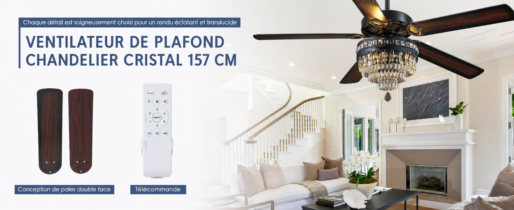 Kviflon grand ventilateur de plafond cristal noir 157 cm, télécommande — visuel produit en français