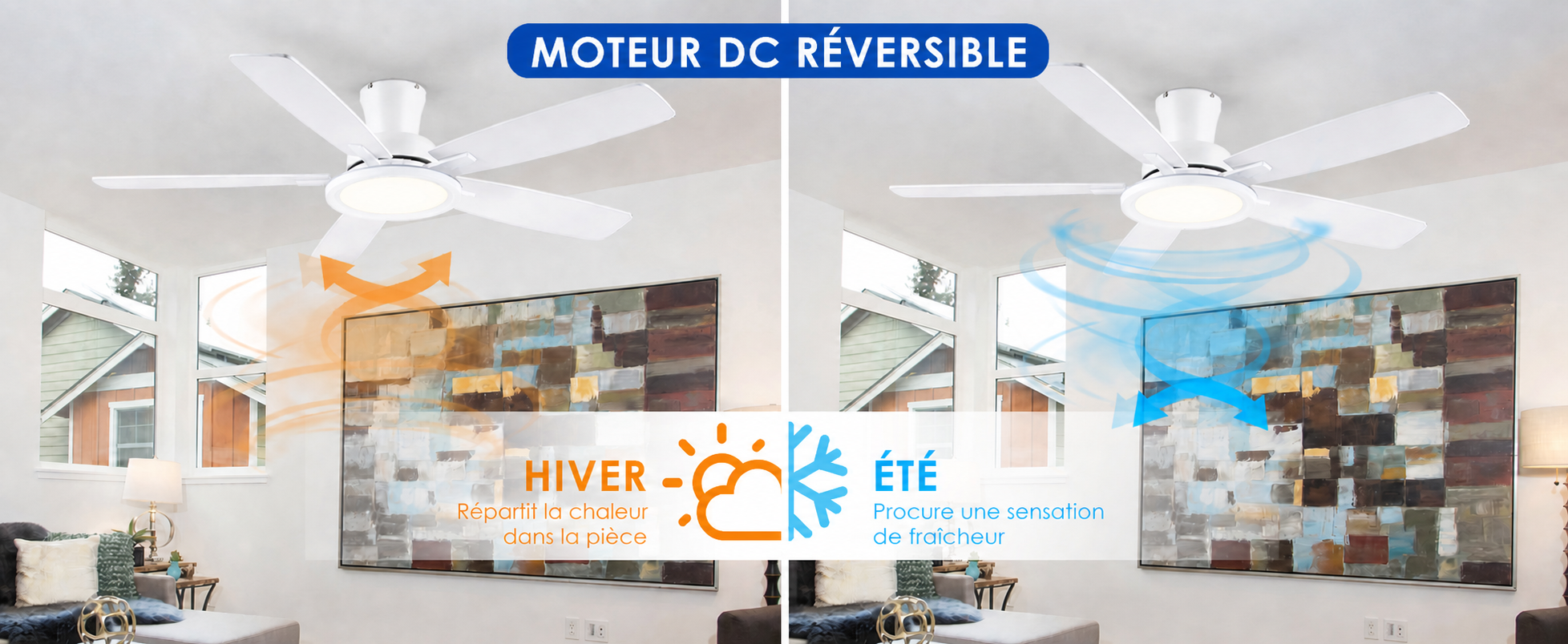 Kviflon ventilateur de plafond blanc 132 cm à profil bas, LED RGB - visuel produit en français