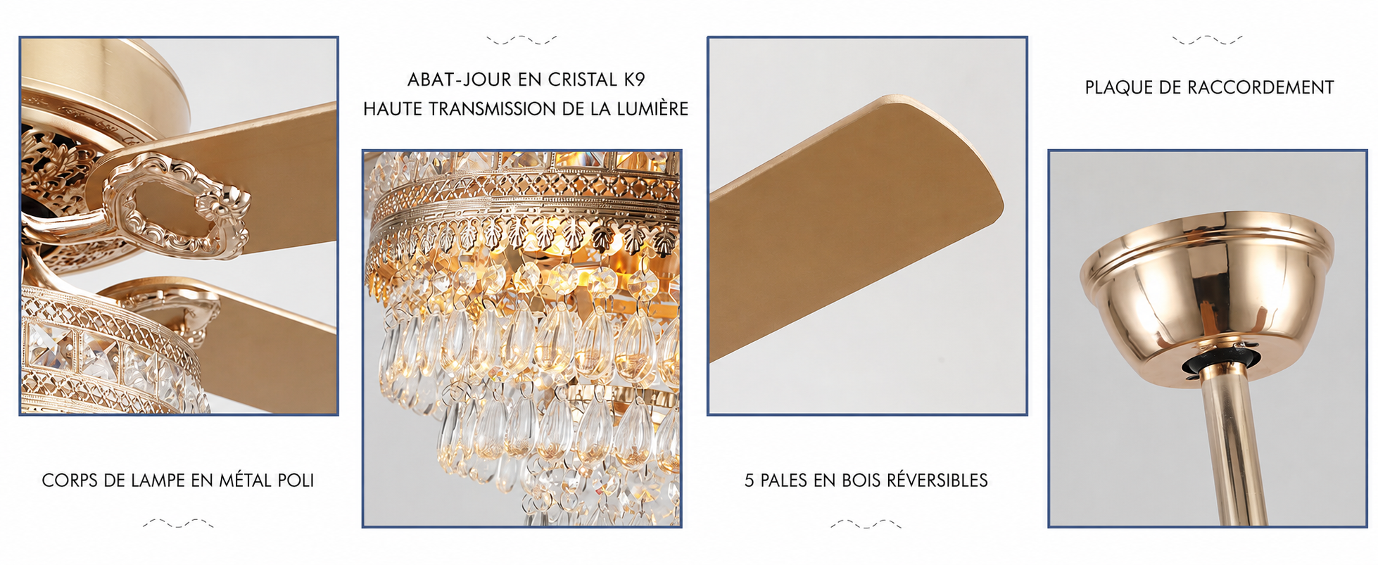 Kviflon ventilateur de plafond cristal doré 132 cm, télécommande — visuel produit en français