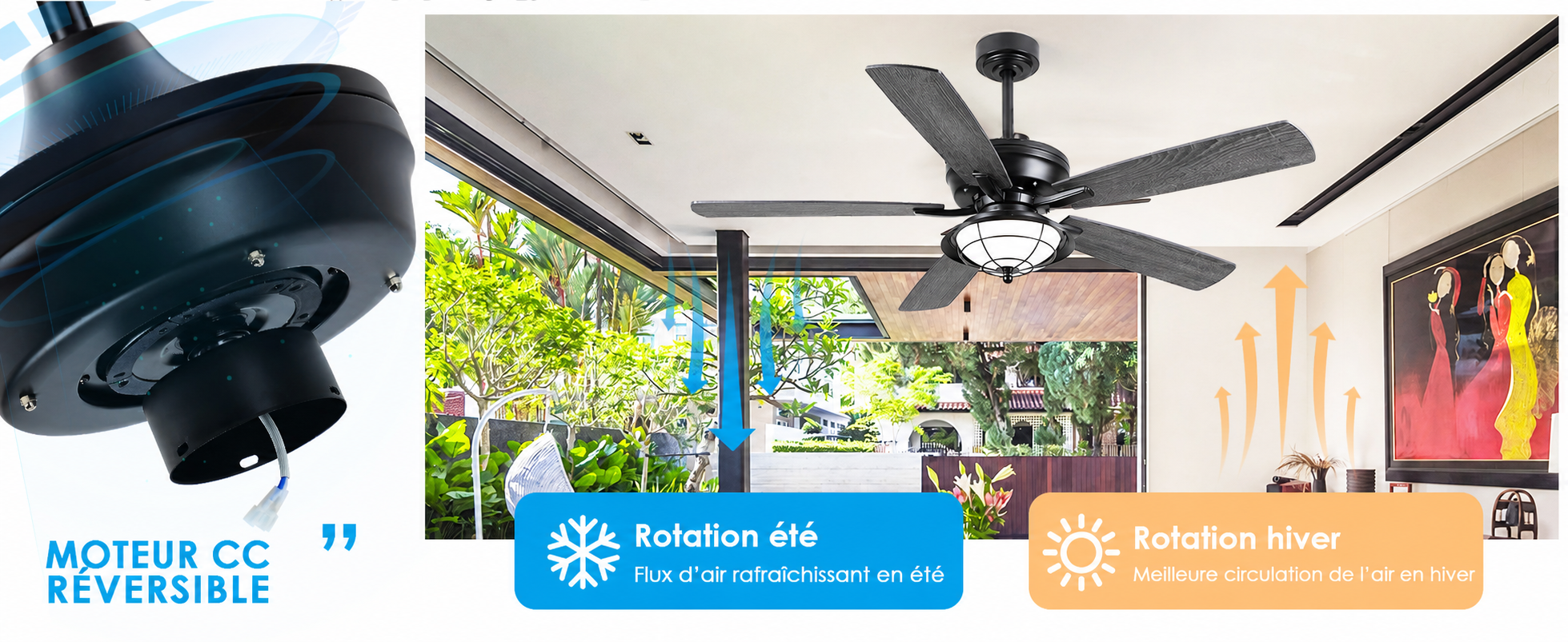 Kviflon ventilateur de plafond LED 132 cm, abat-jour verre, IP44 — visuel produit en français