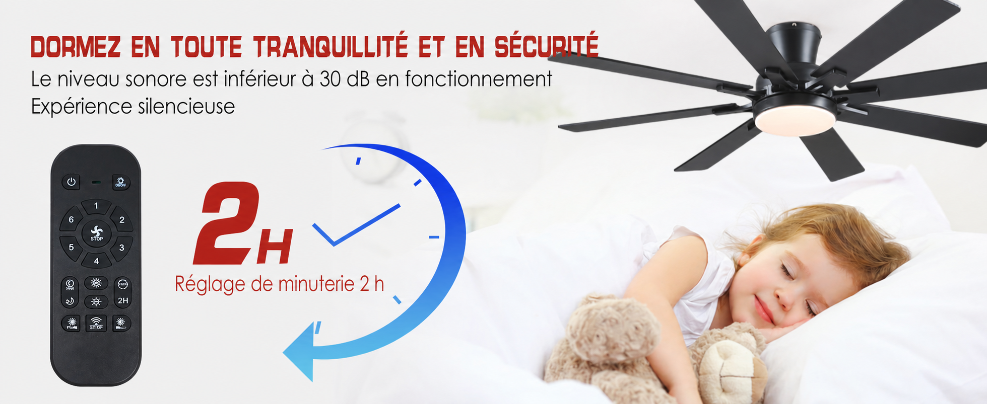 Kviflon ventilateur de plafond encastré noir 132 cm, LED, 8 pales — visuel produit en français