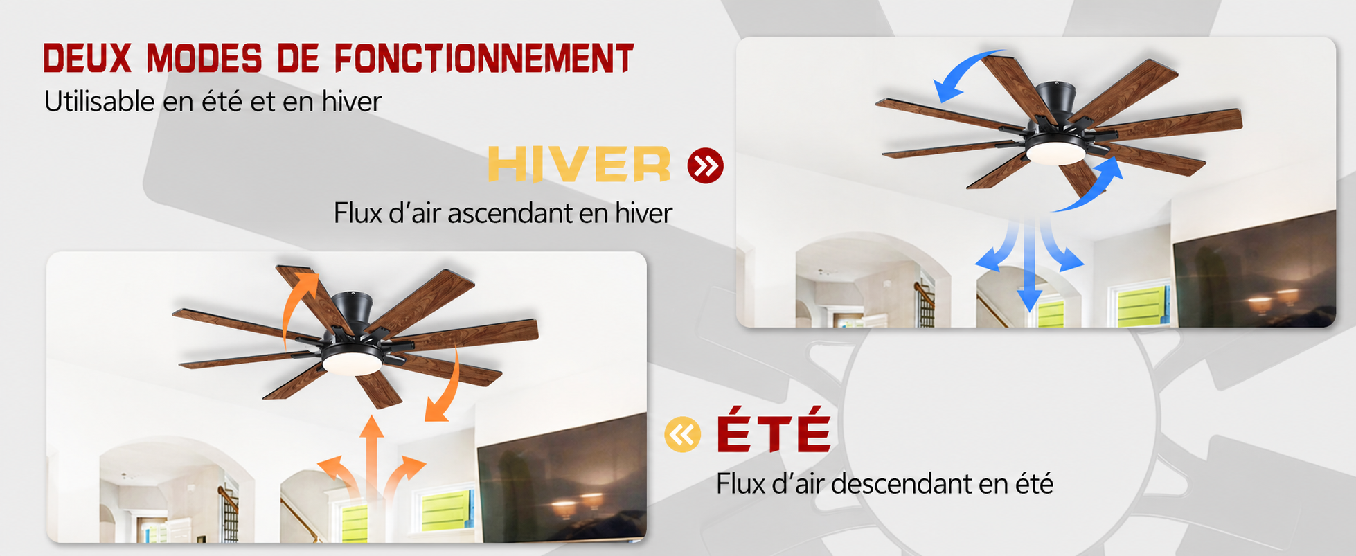 Kviflon ventilateur de plafond encastré marron 132 cm, LED, 8 pales — visuel produit en français