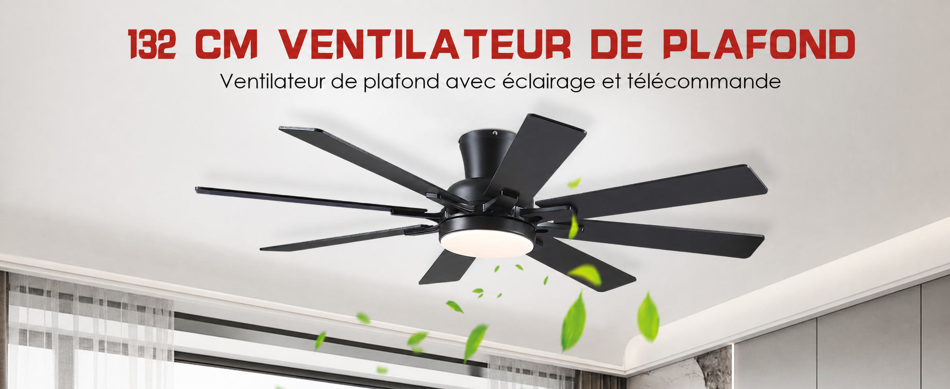 Kviflon ventilateur de plafond encastré noir 132 cm, LED, 8 pales — visuel produit en français