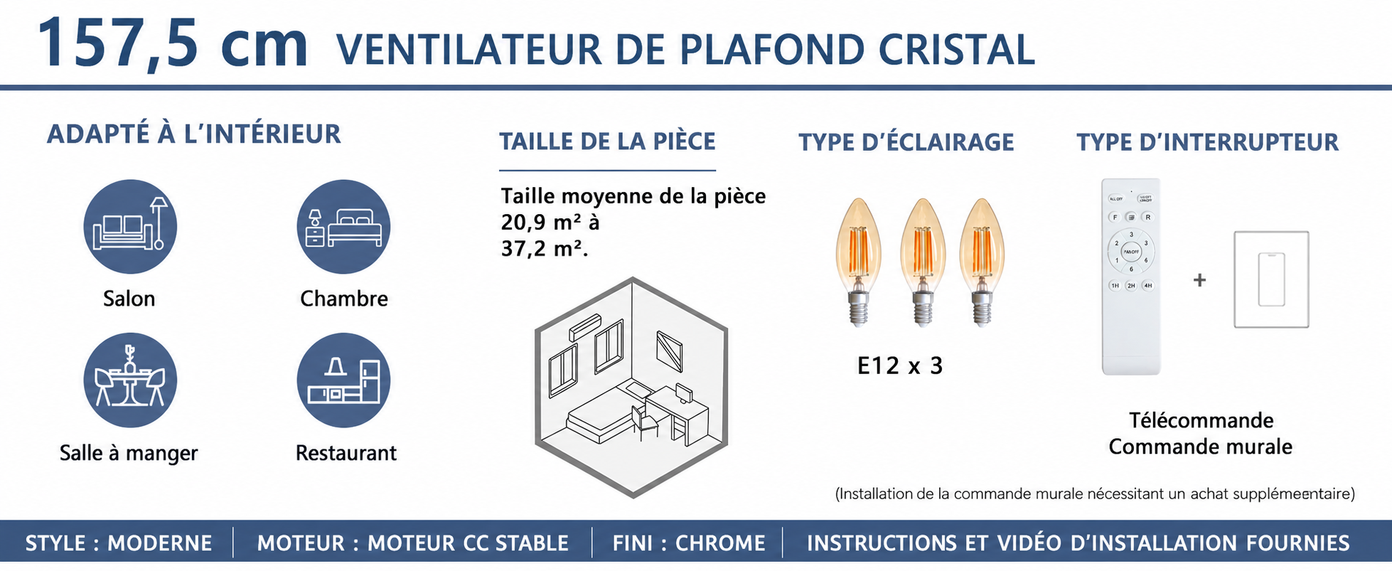 Kviflon grand ventilateur de plafond cristal noir 157 cm, télécommande — visuel produit en français