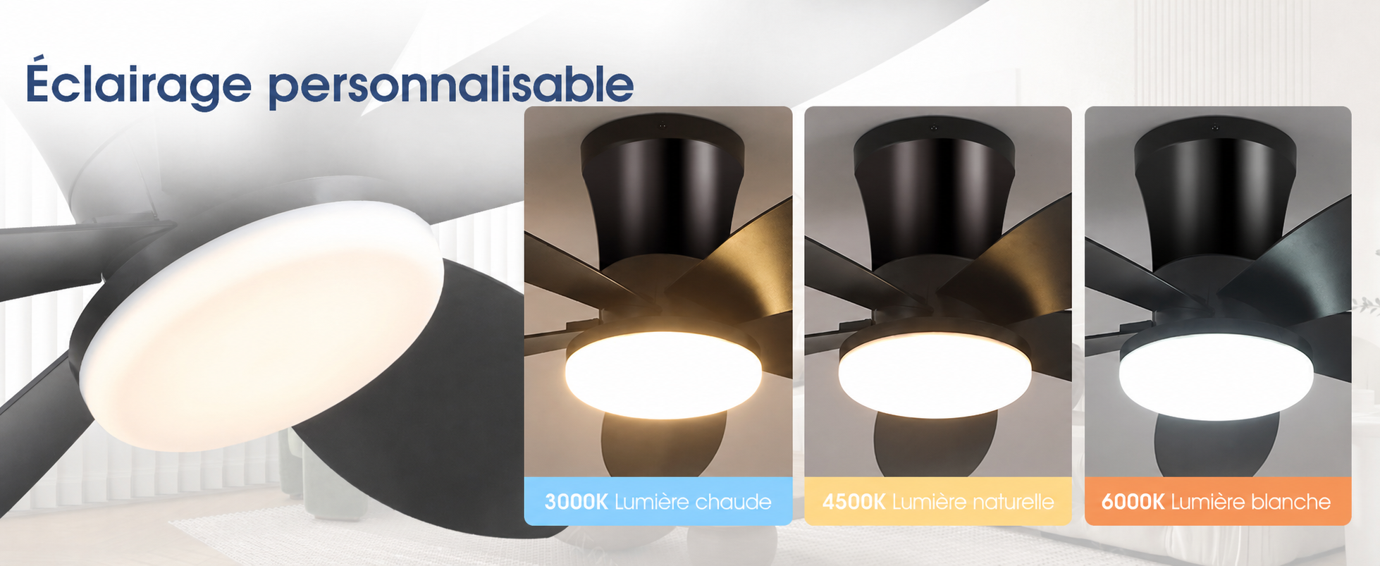Kviflon ventilateur de plafond LED noir 122 cm, moteur DC silencieux — visuel produit en français