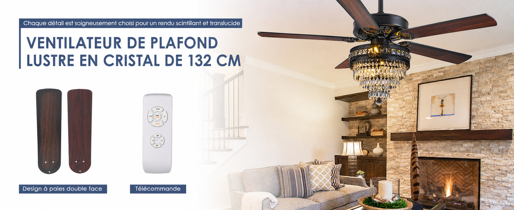 Kviflon ventilateur de plafond cristal noir 132 cm, télécommande — visuel produit en français