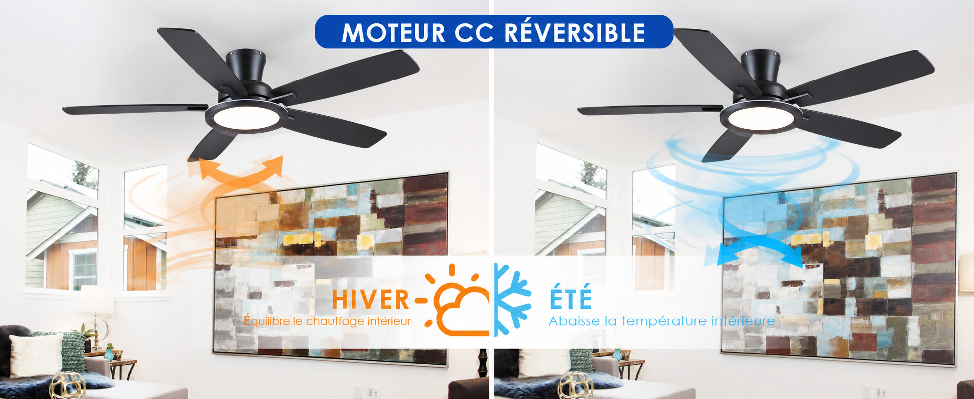 Kviflon ventilateur de plafond encastré noir 132 cm, LED RGB — visuel produit en français