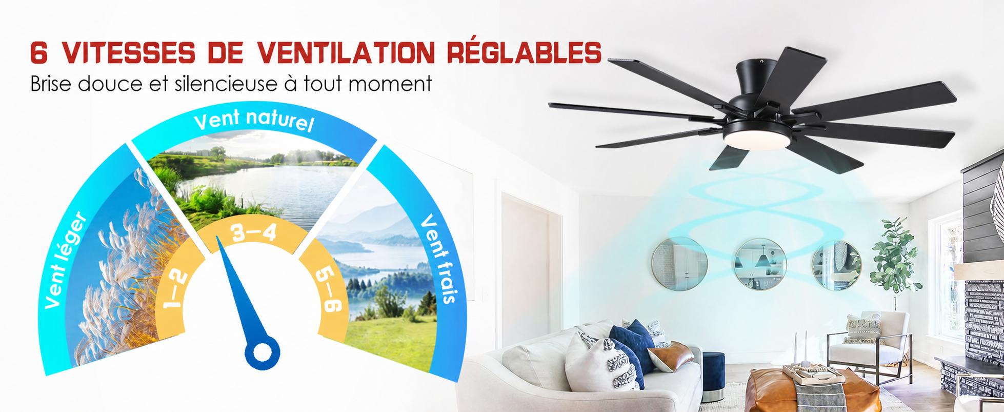 Kviflon ventilateur de plafond encastré noir 132 cm, LED, 8 pales — visuel produit en français