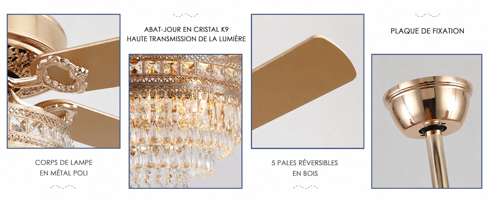 Kviflon grand ventilateur de plafond cristal doré 157 cm — visuel produit en français