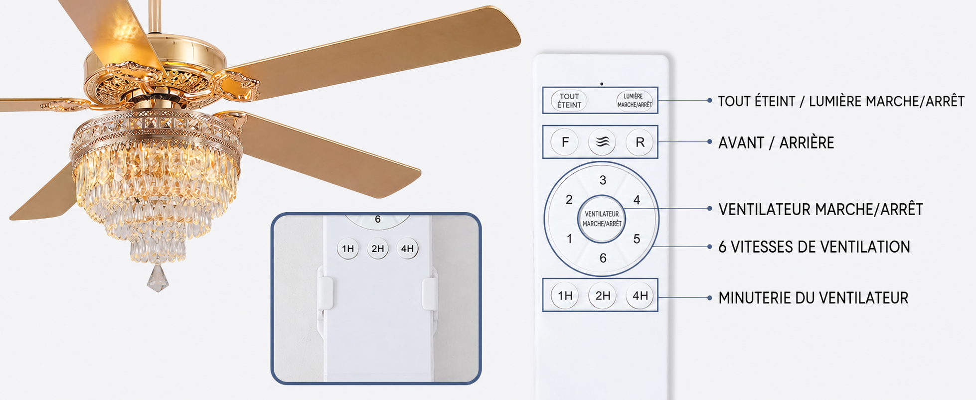 Kviflon grand ventilateur de plafond cristal doré 157 cm — visuel produit en français