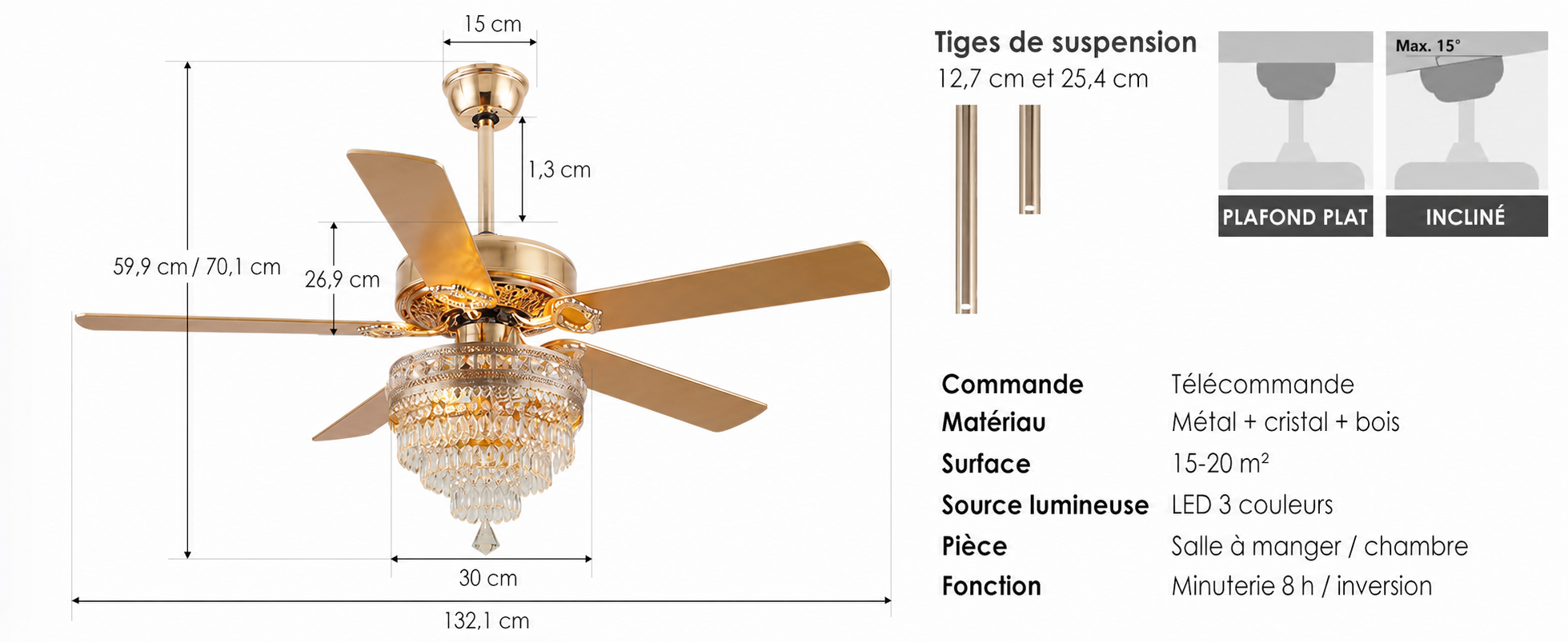 Kviflon ventilateur de plafond cristal doré 132 cm, télécommande — visuel produit en français