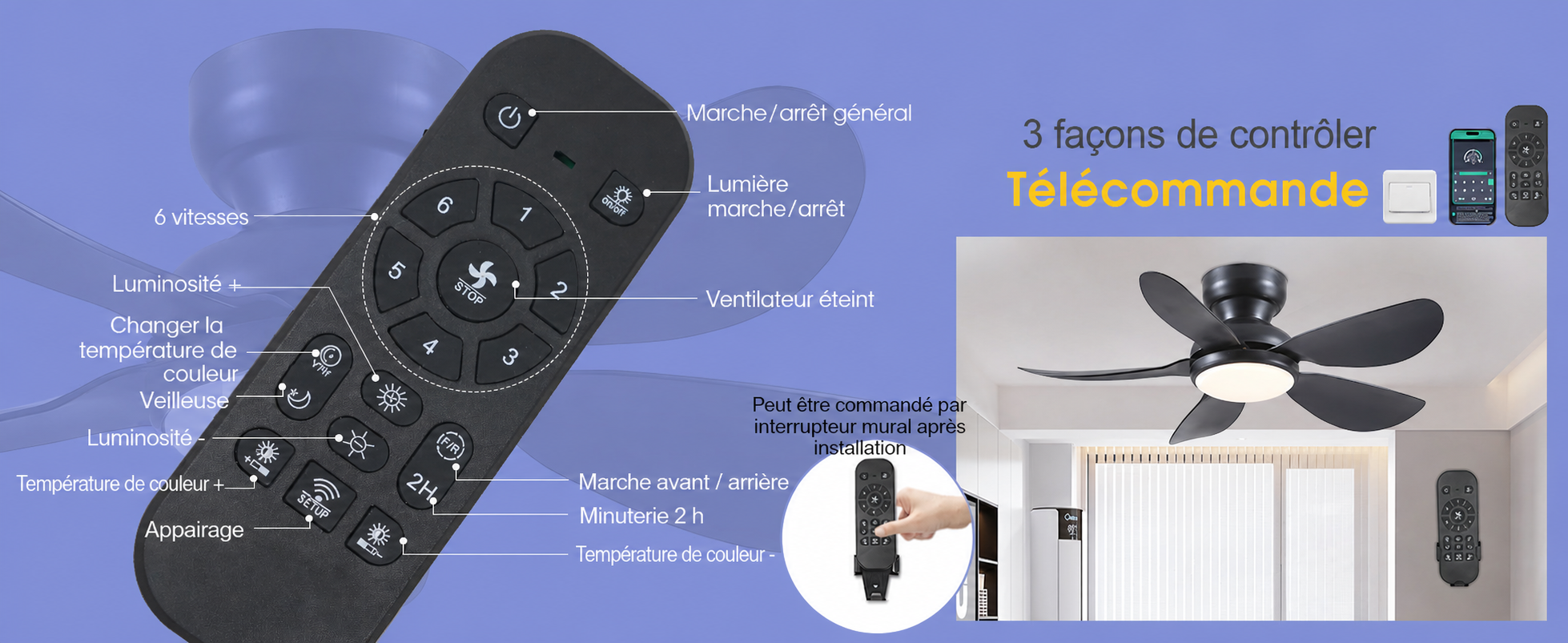 Kviflon ventilateur de plafond LED noir 91 cm, 6 vitesses, 3 CCT — visuel produit en français