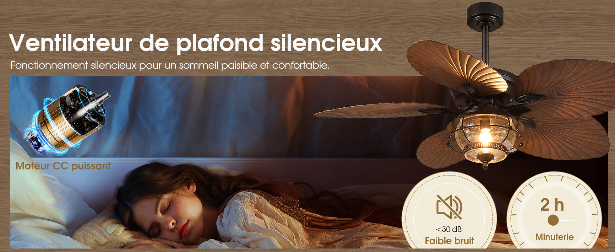 Kviflon ventilateur de plafond tropical LED 132 cm, pales palmier, IP44 — visuel produit en français