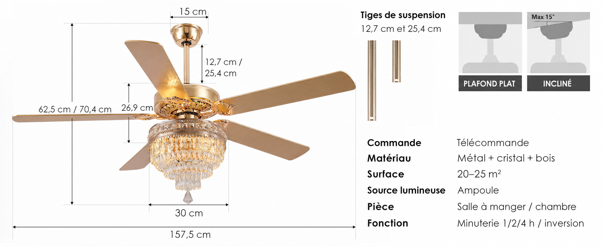 Kviflon grand ventilateur de plafond cristal doré 157 cm — visuel produit en français