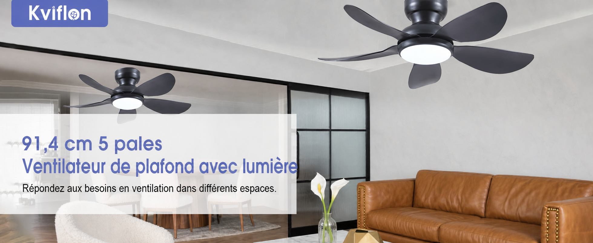 Kviflon ventilateur de plafond LED noir 91 cm, 6 vitesses, 3 CCT — visuel produit en français