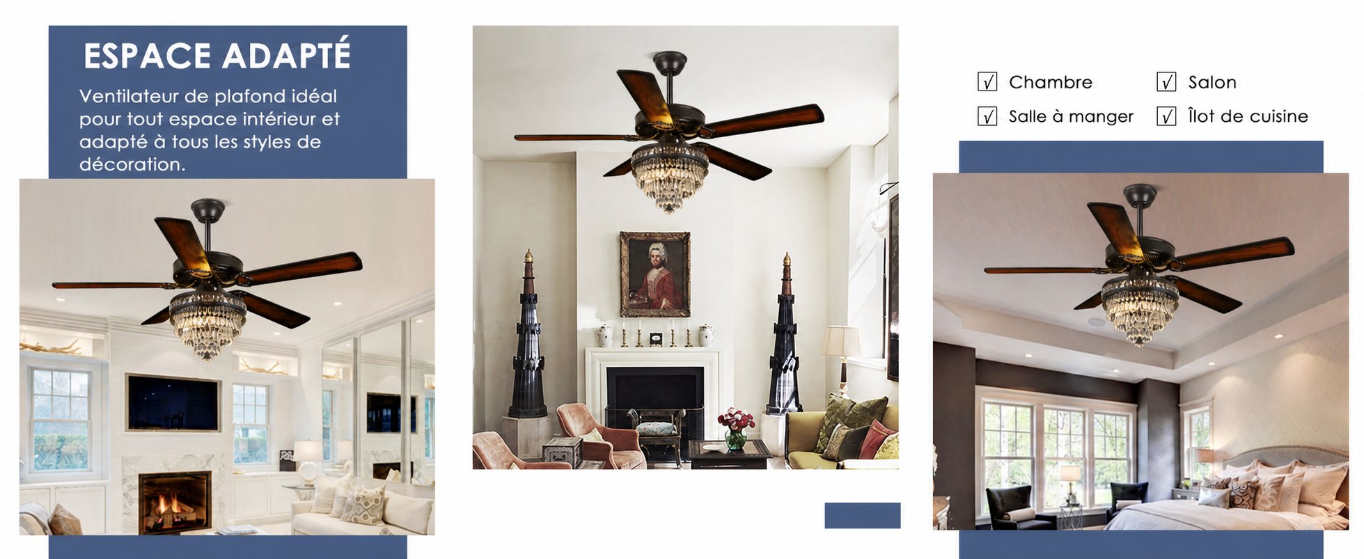 Kviflon ventilateur de plafond cristal noir 132 cm, télécommande — visuel produit en français