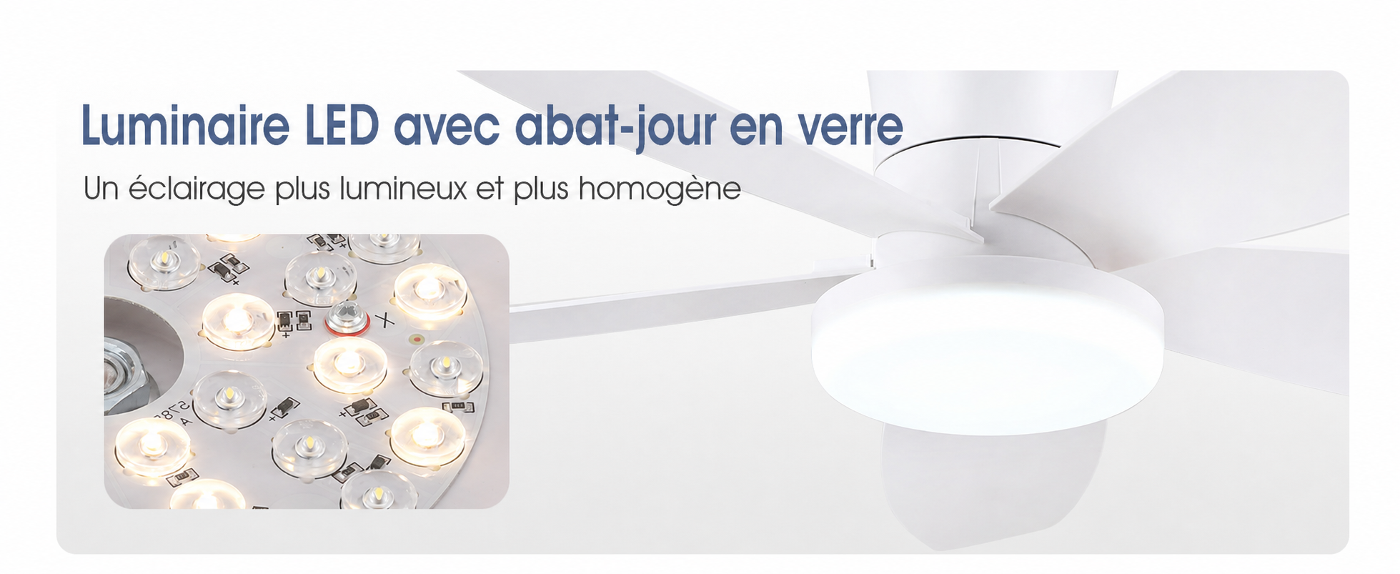 Kviflon ventilateur de plafond LED blanc 122 cm, moteur DC silencieux — visuel produit en français