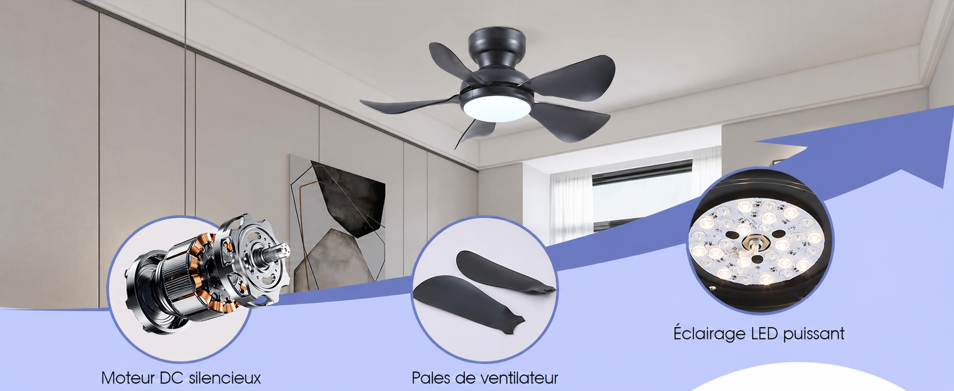 Kviflon ventilateur de plafond LED noir 81 cm, moteur DC, compact — visuel produit en français