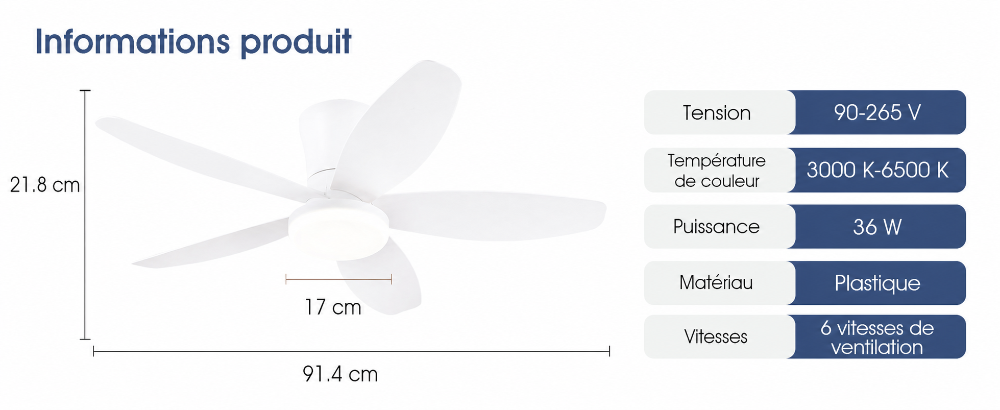 Kviflon ventilateur de plafond LED blanc 91 cm, moteur DC silencieux — visuel produit en français