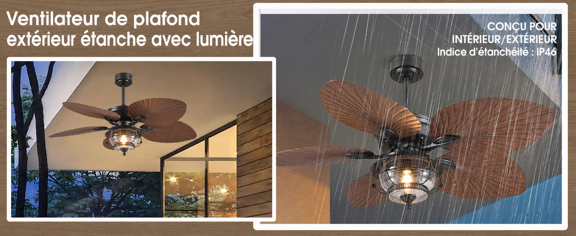 Kviflon ventilateur de plafond tropical LED 132 cm, pales palmier, IP44 — visuel produit en français