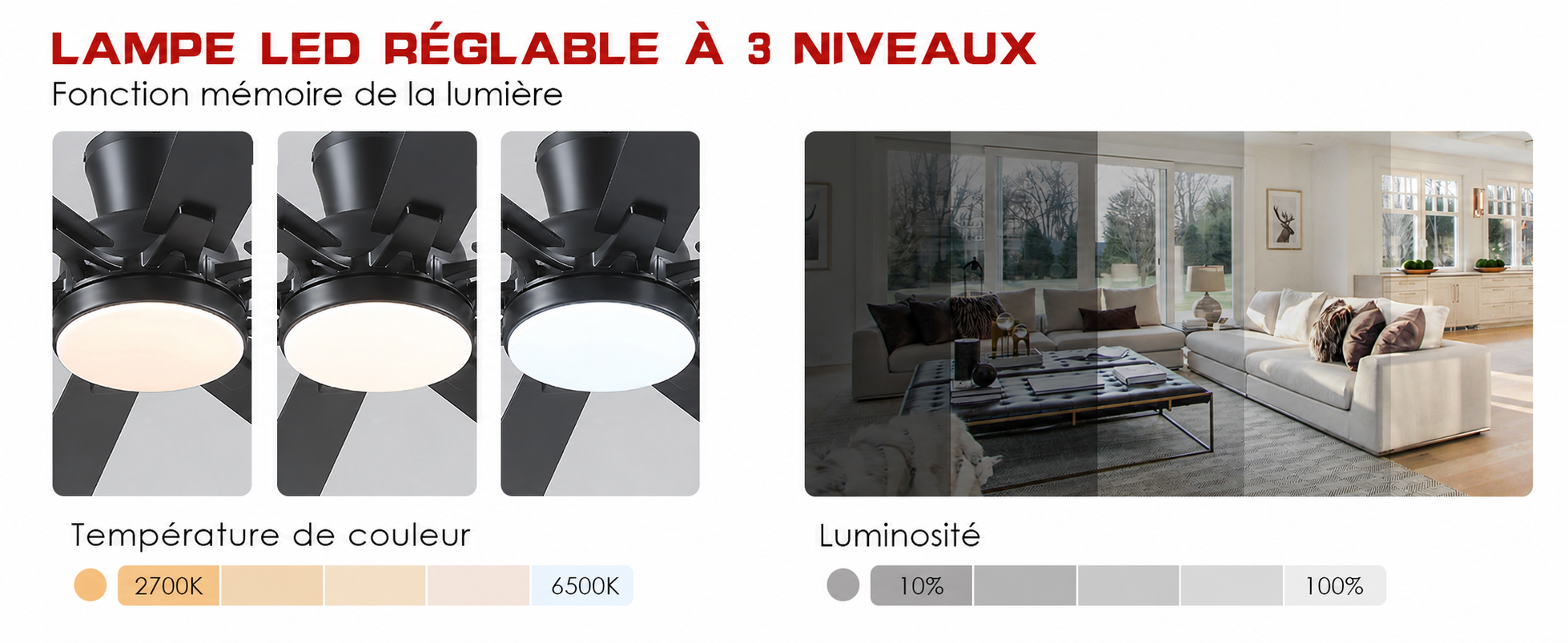 Kviflon ventilateur de plafond encastré marron 132 cm, LED, 8 pales — visuel produit en français
