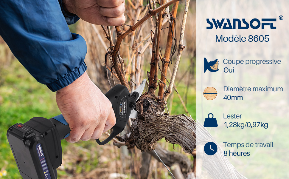 SWANSOFT 8605 Secateur electrique sans fil avec câble d'extension, 40 mm Sécateur  professionnel sans fil avec 8 heures d'autonomie, pour jardin et verger