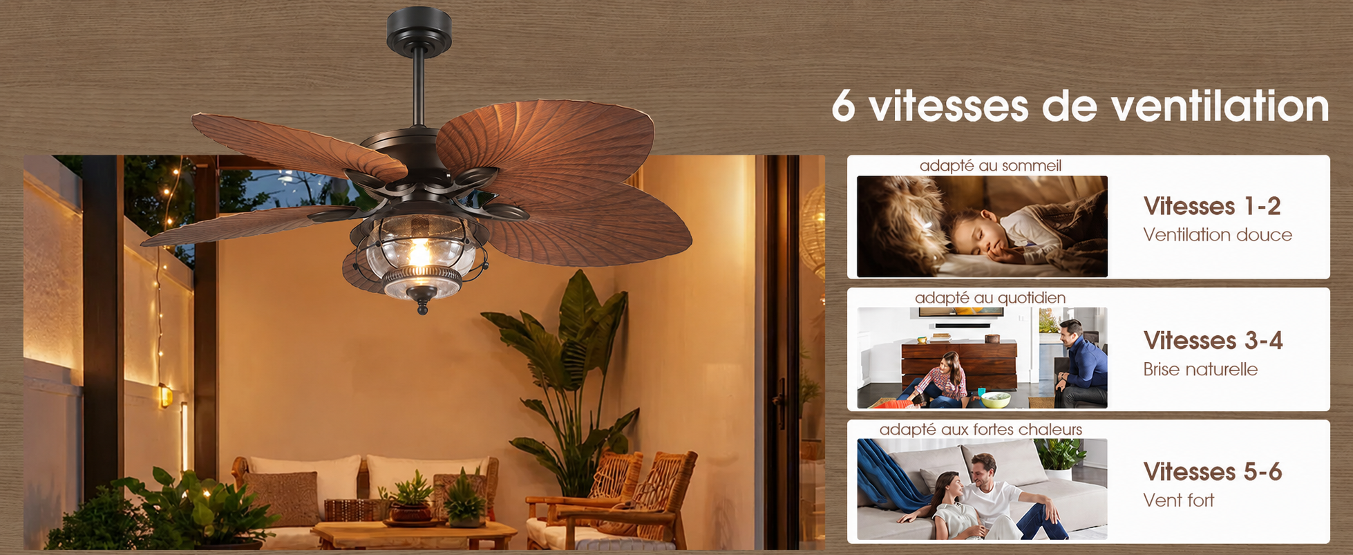 Kviflon ventilateur de plafond tropical LED 132 cm, pales palmier, IP44 — visuel produit en français
