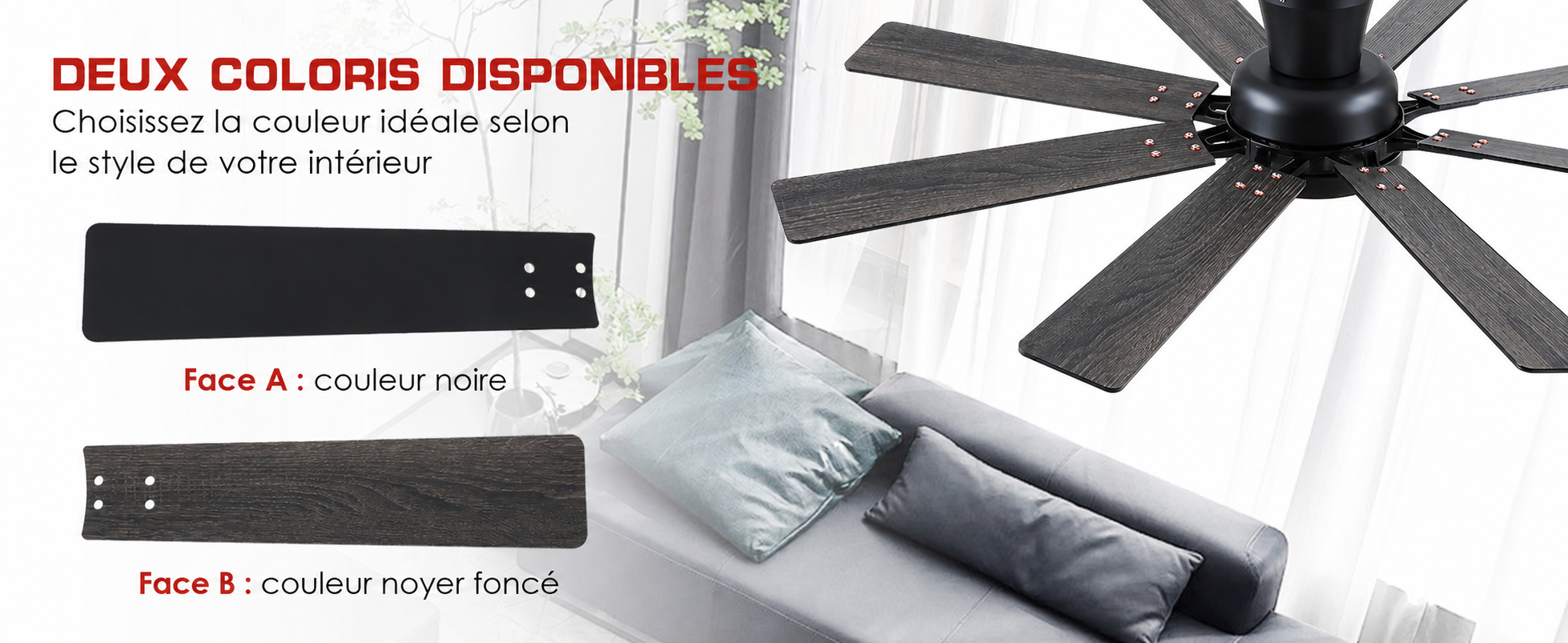 Kviflon ventilateur de plafond encastré noir 132 cm, LED, 8 pales — visuel produit en français
