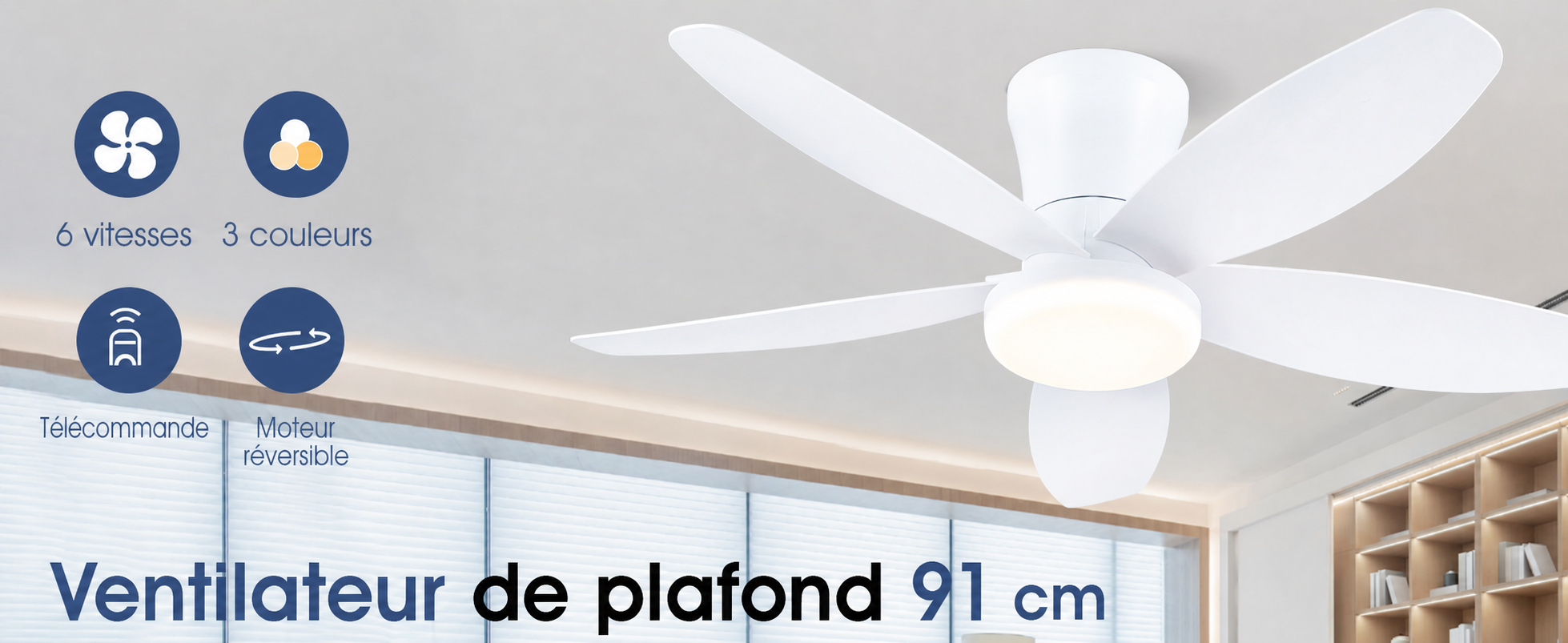 Kviflon ventilateur de plafond LED blanc 91 cm, moteur DC silencieux — visuel produit en français