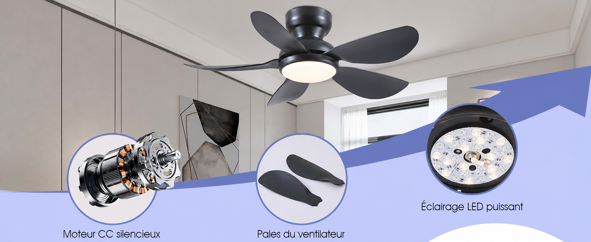Kviflon ventilateur de plafond LED noir 91 cm, 6 vitesses, 3 CCT — visuel produit en français