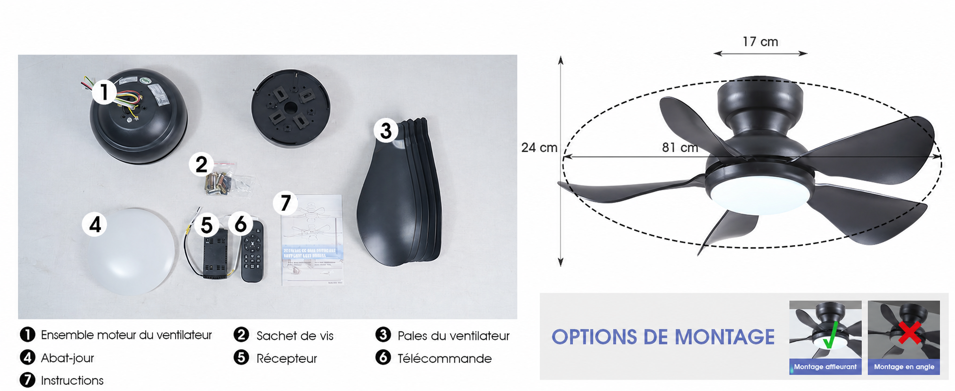 Kviflon ventilateur de plafond LED noir 81 cm, moteur DC, compact — visuel produit en français