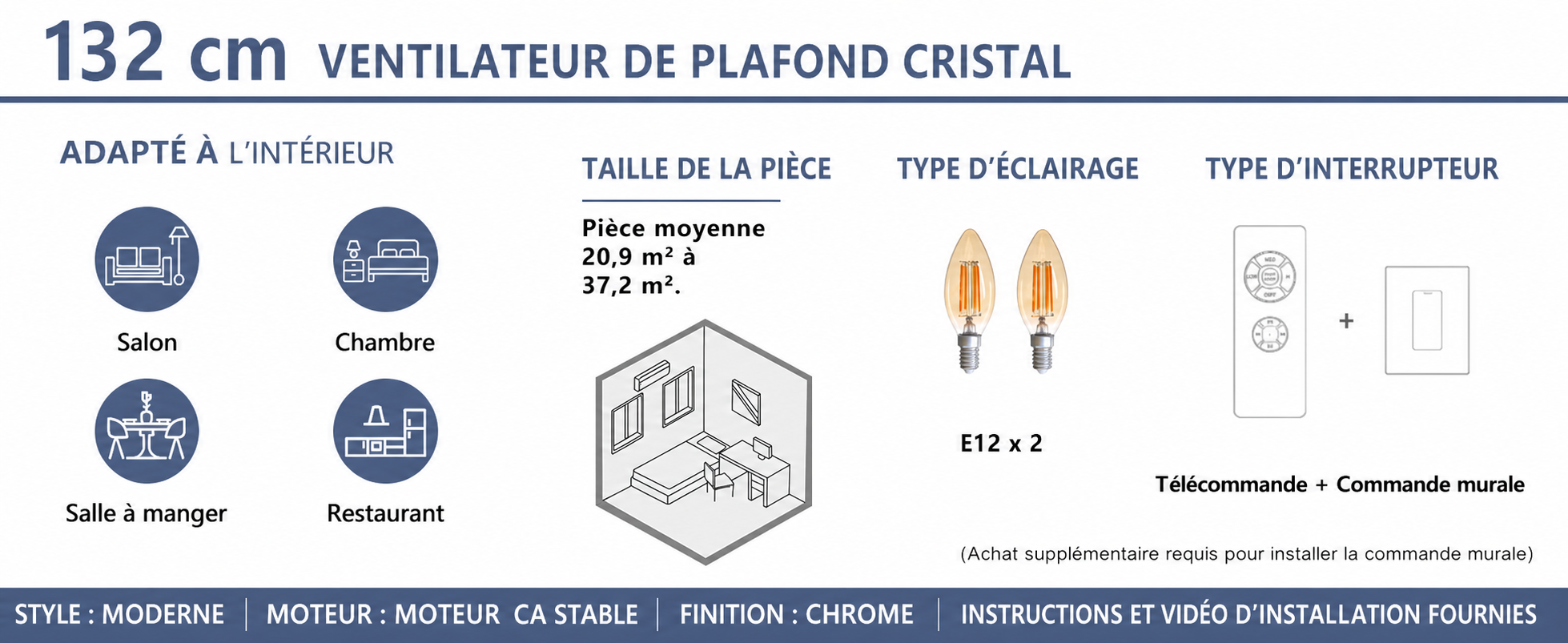 Kviflon ventilateur de plafond cristal noir 132 cm, télécommande — visuel produit en français