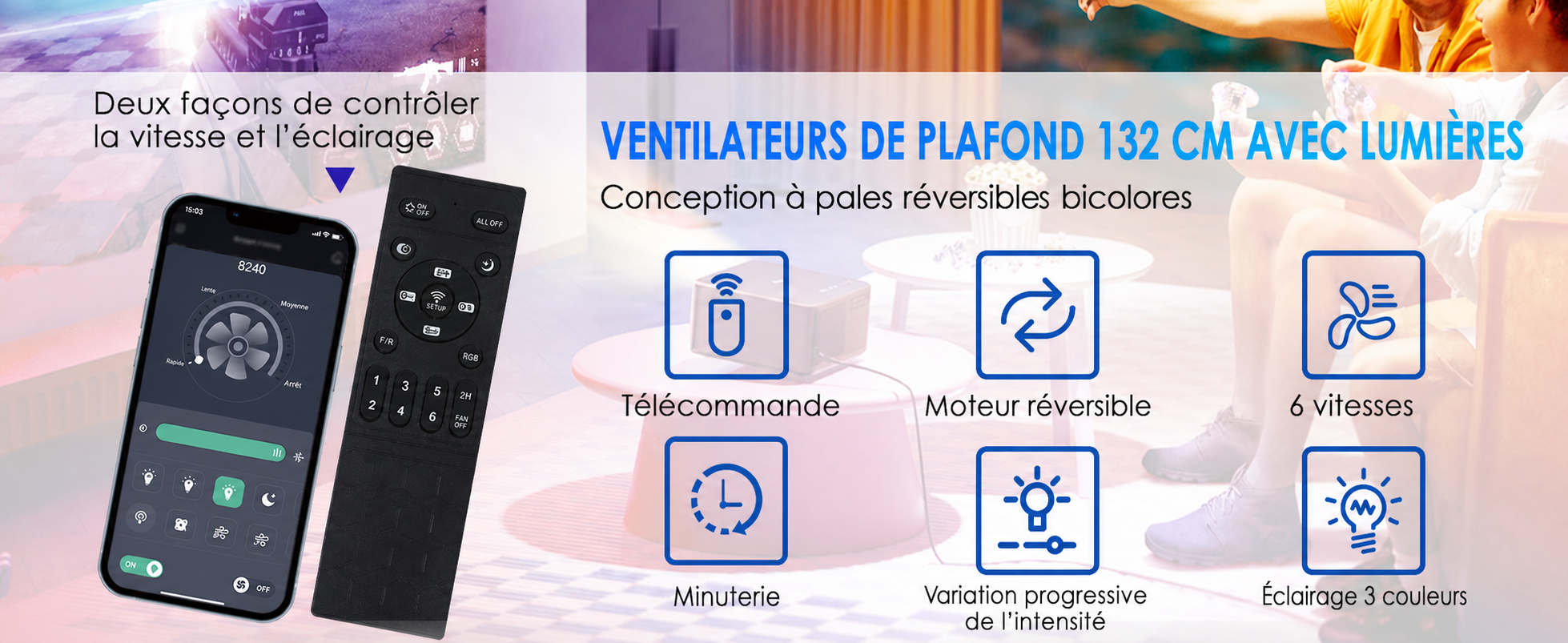 Kviflon ventilateur de plafond encastré noir 132 cm, LED RGB — visuel produit en français