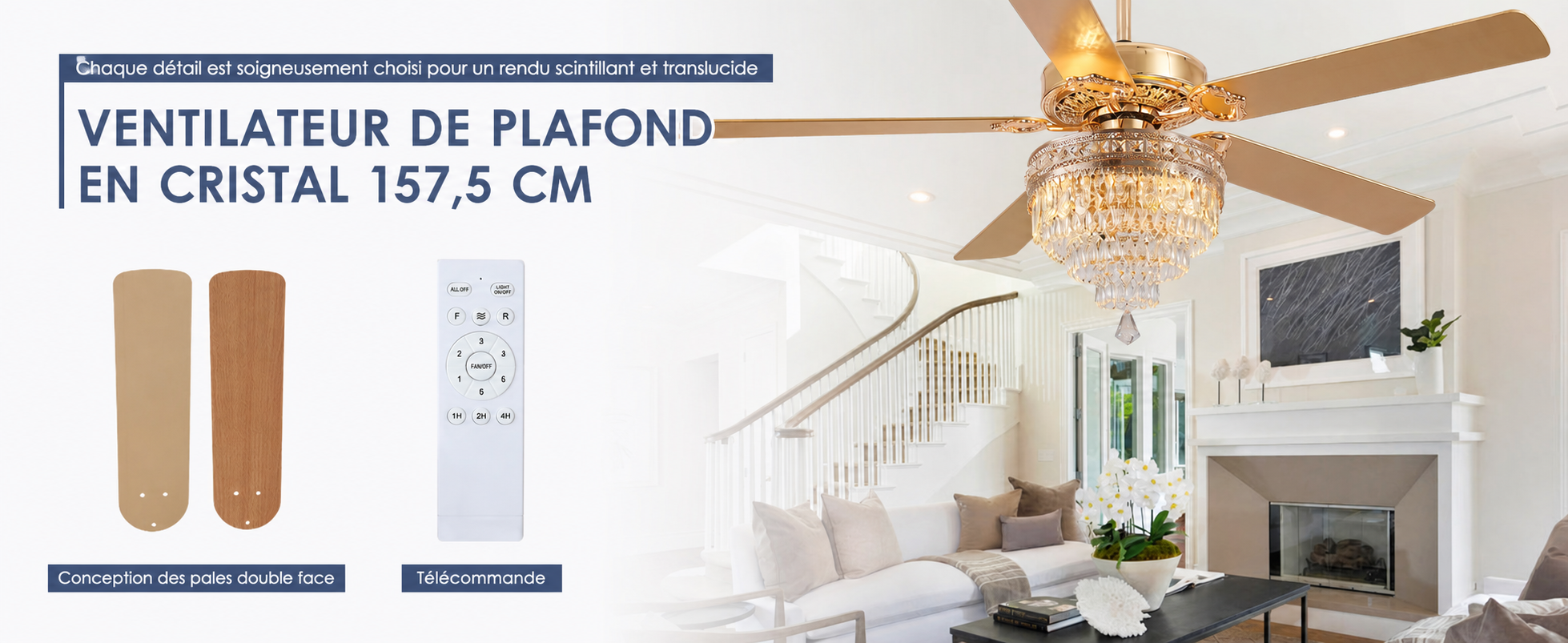 Kviflon grand ventilateur de plafond cristal doré 157 cm — visuel produit en français
