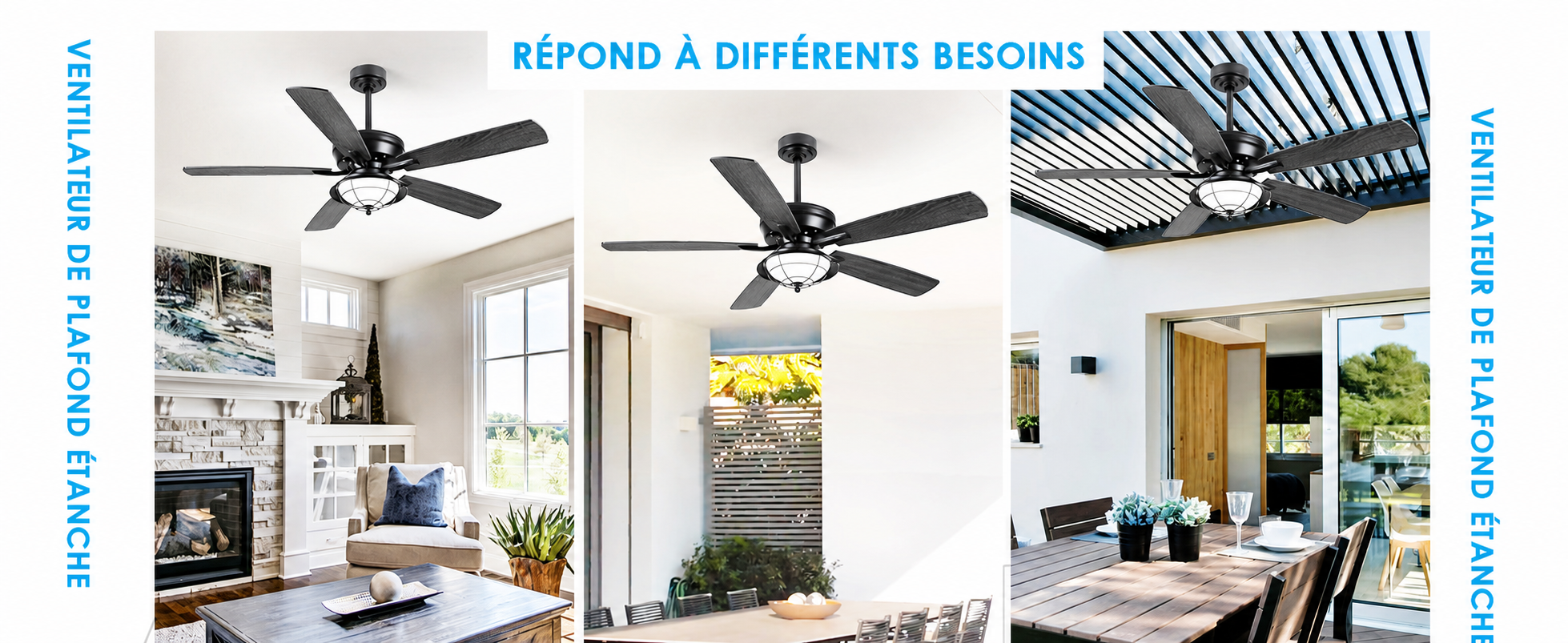 Kviflon ventilateur de plafond LED 132 cm, abat-jour verre, IP44 — visuel produit en français