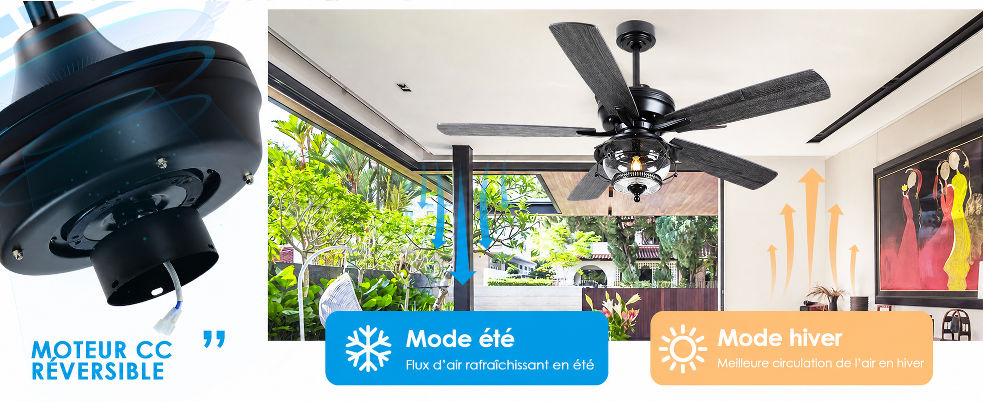 Kviflon ventilateur de plafond extérieur LED 132 cm, IP44 — visuel produit en français