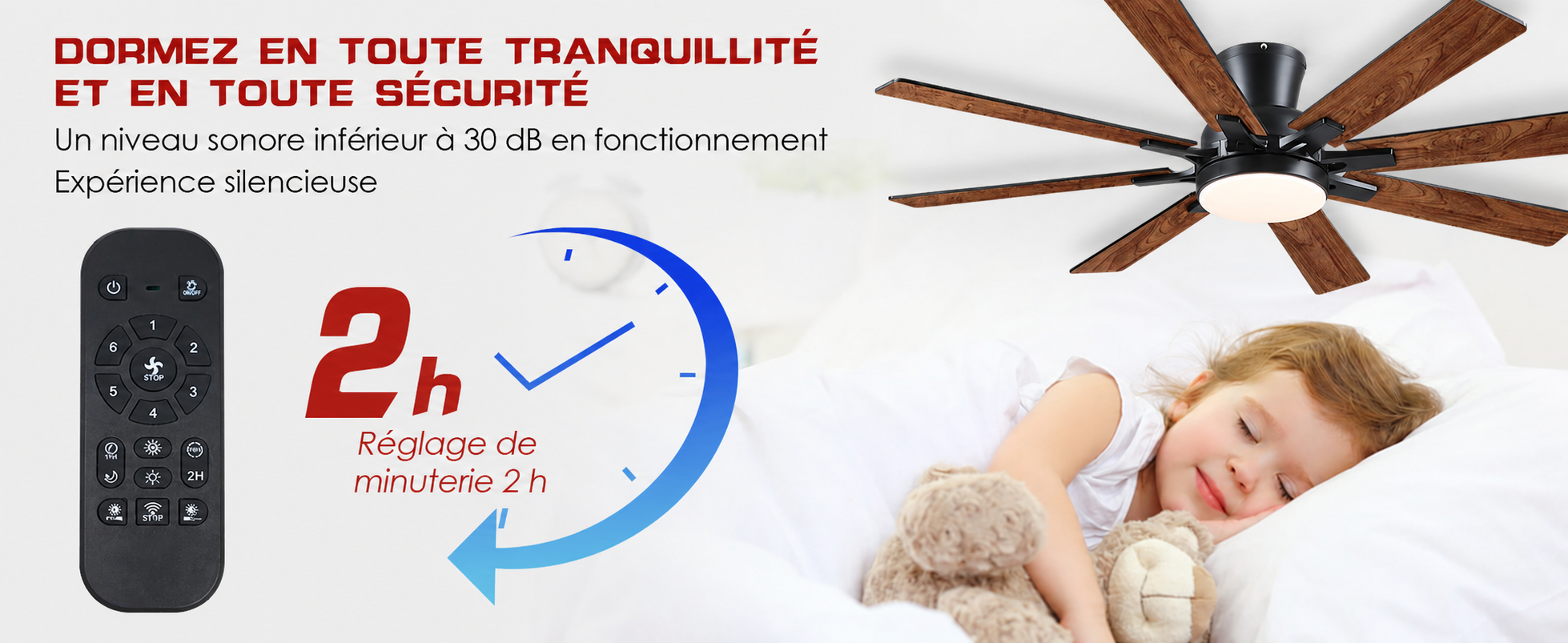 Kviflon ventilateur de plafond encastré marron 132 cm, LED, 8 pales — visuel produit en français